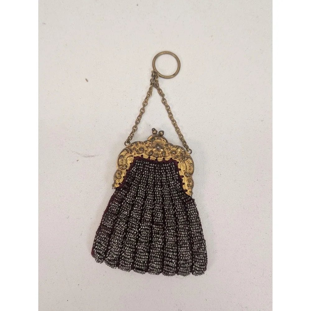 Vintage Beaded Micro Purse Clutch Bag Gold Tone Frame Ring Handle Germany